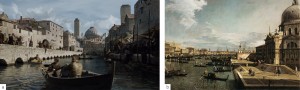 Parallelismo tra Braavos (a) e il Canal grande di Venezia, dipinto da Canaletto (b)